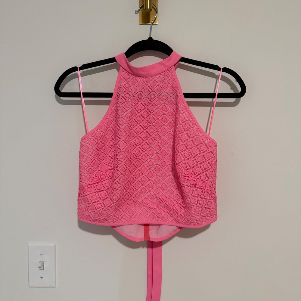 Amanda Uprichard Pink Geometric Lace Halter Crop Top Bow Back Size M‎